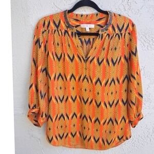 Banana Republic Heritage Orange Navy Geometric Beaded Blouse SMALL Boho Tribal
